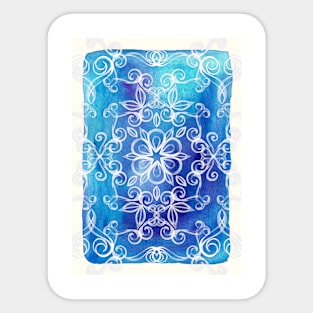 White Floral Painted Pattern on Blue Watercolor Sticker